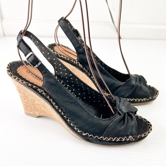 Seychelles SINGAPORE Sandals Womens 8 Cork Wedge Heel Slingback Peep Toe Black - Picture 1 of 10